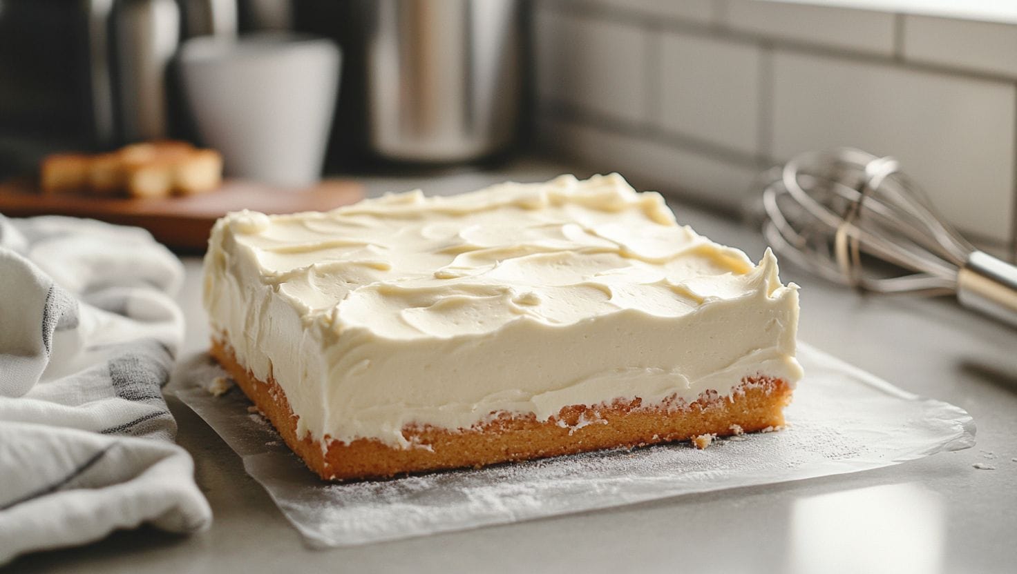 A freshly baked kefir sheet cake with smooth cream cheese frosting on a kitchen countertop