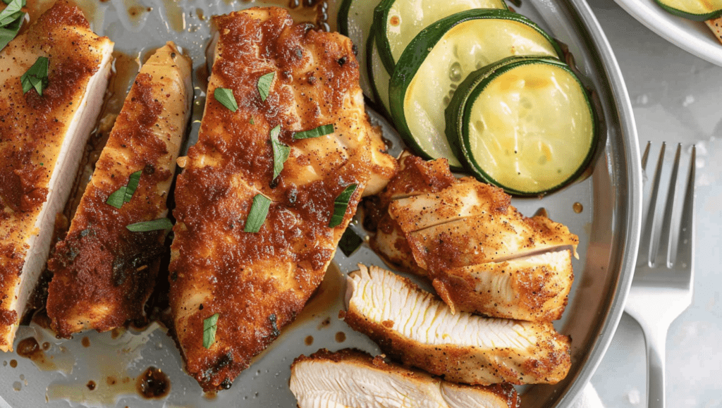 Sliced thin chicken breasts served with zucchini slices on a plate