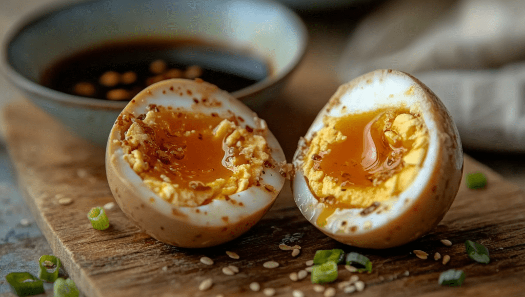 Close-up of a halved marinated ramen egg with golden soft yolk on a wooden board