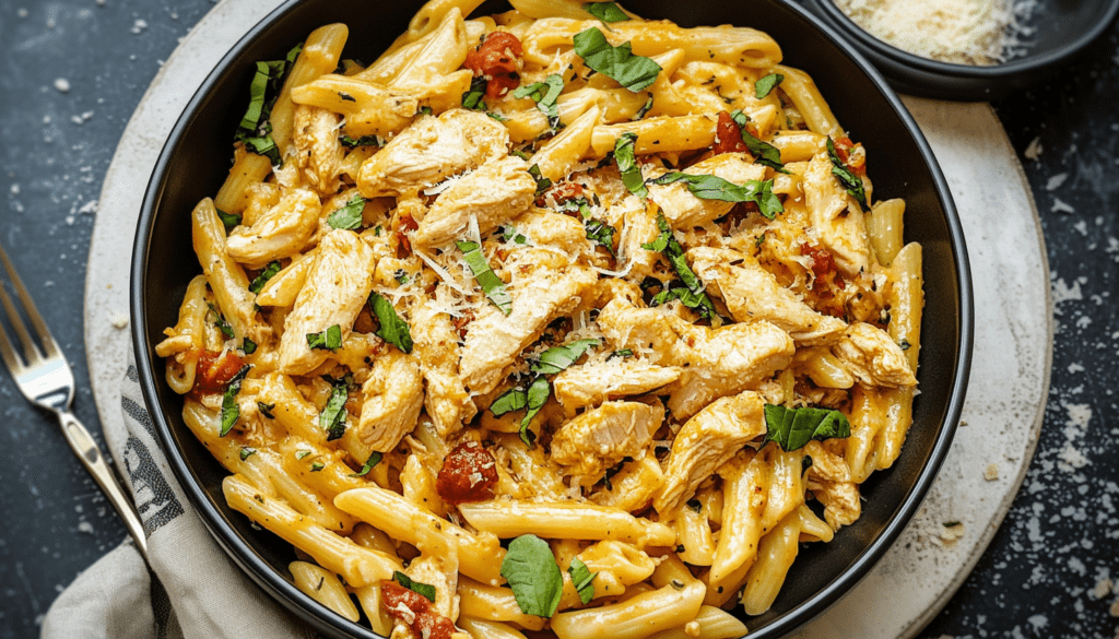 A plate of Marry Me Chicken Pasta garnished with parsley and Parmesan