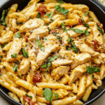 A plate of Marry Me Chicken Pasta garnished with parsley and Parmesan