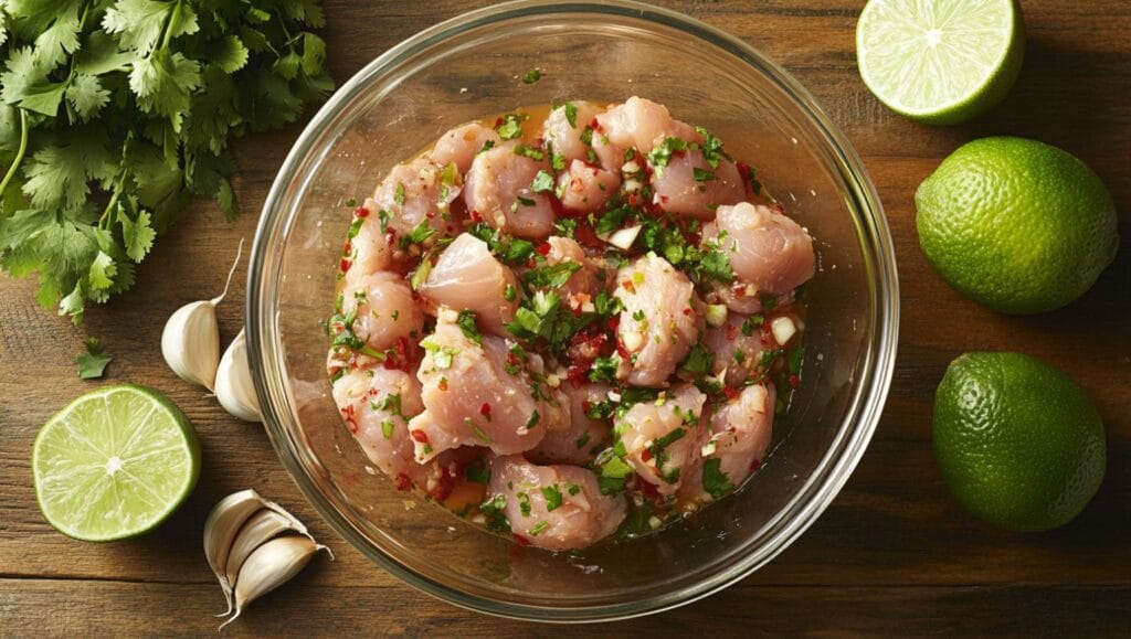 Bowl of Mexican chicken marinade with raw chicken pieces, lime juice, garlic, chili, and cilantro on a wooden surface.