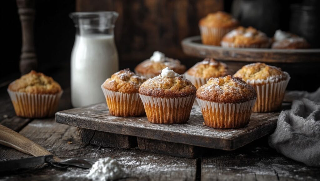 Freshly baked muffins with kefir on a rustic wooden table