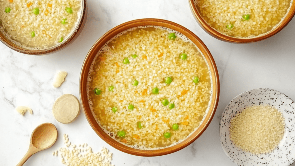 A comforting bowl of pastina soup called Italian penicillin, served with peas and carrots in a light broth.