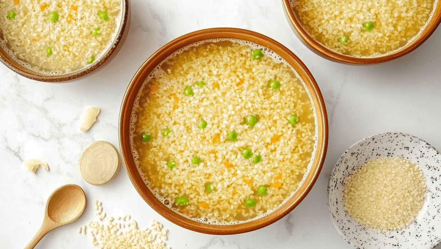 A comforting bowl of pastina soup called Italian penicillin, served with peas and carrots in a light broth.