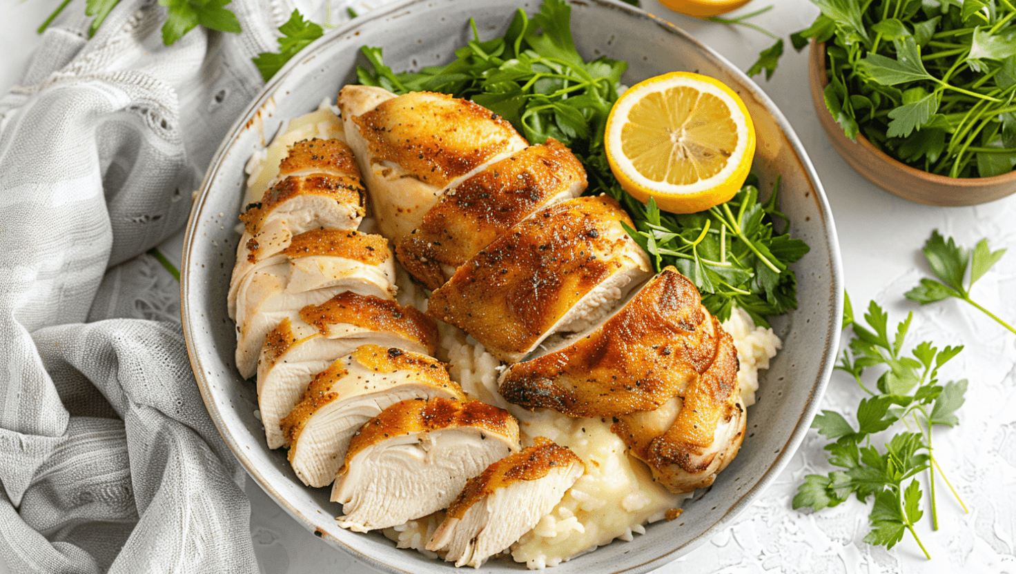 Sliced tender chicken breasts served over mashed potatoes with fresh greens and lemon.