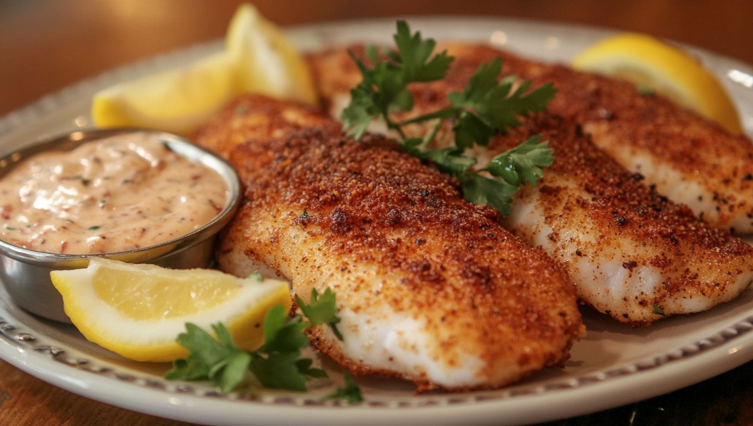 A plate of crispy golden Louisiana fish fry with Cajun seasoning, lemon wedges, and a creamy dipping sauce