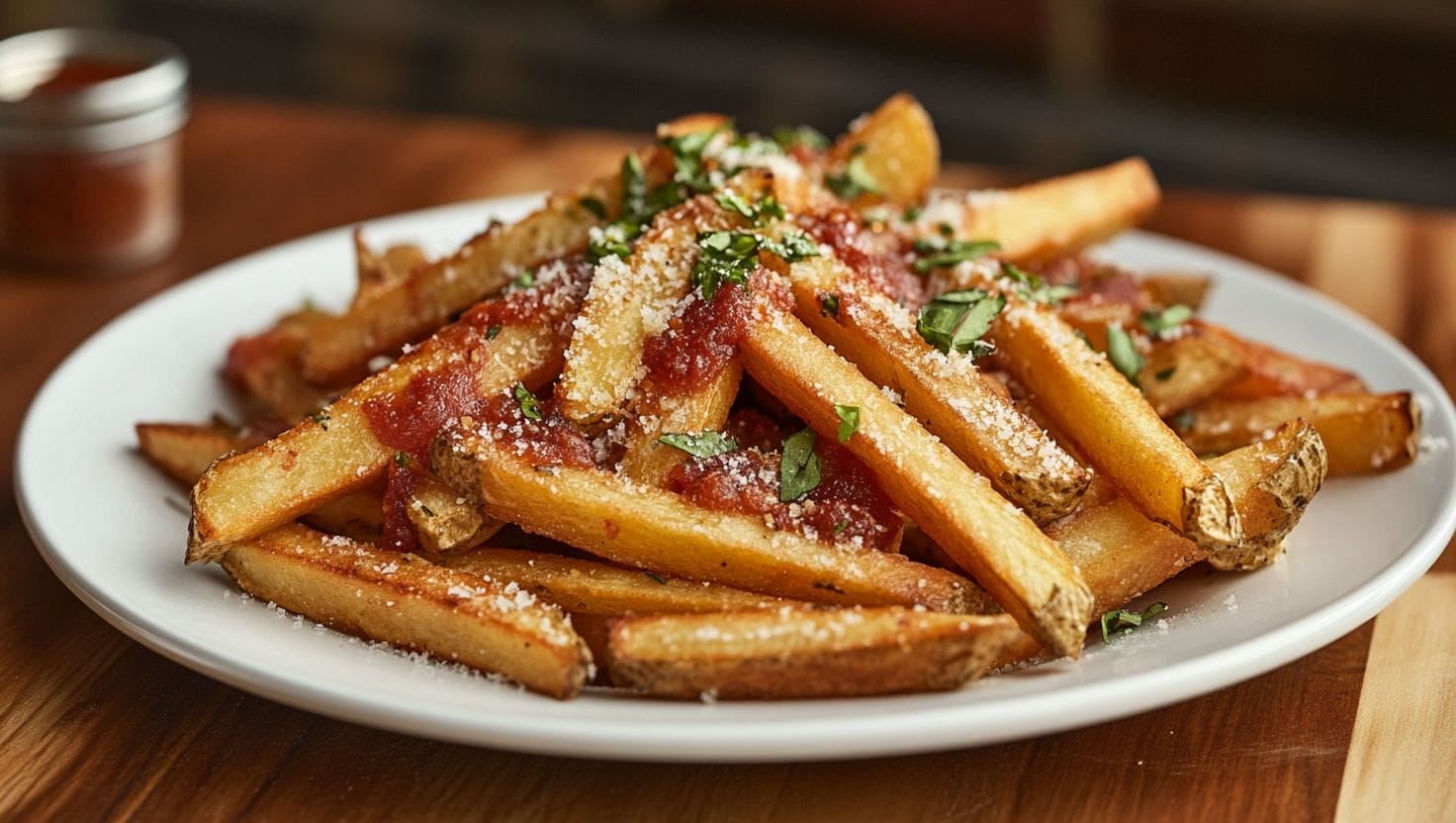 A plate of crispy French fries, showing the results of soaking fries before frying, topped with marinara sauce and Parmesan cheese.