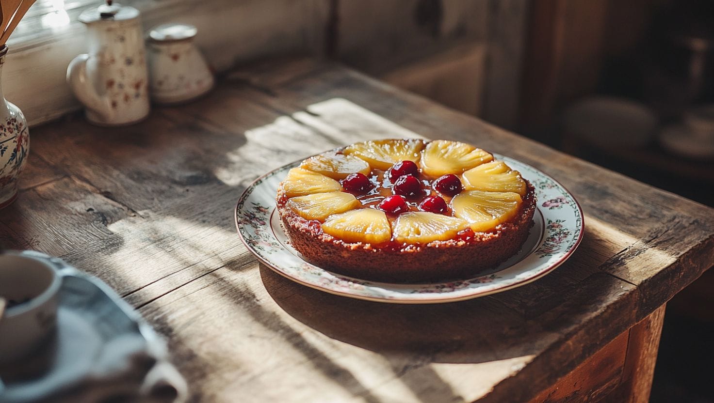 A Pineapple Upside-Down Cake served on vintage china, showcasing what kind of cakes were popular in the 1920s with caramelized pineapple and cherries.