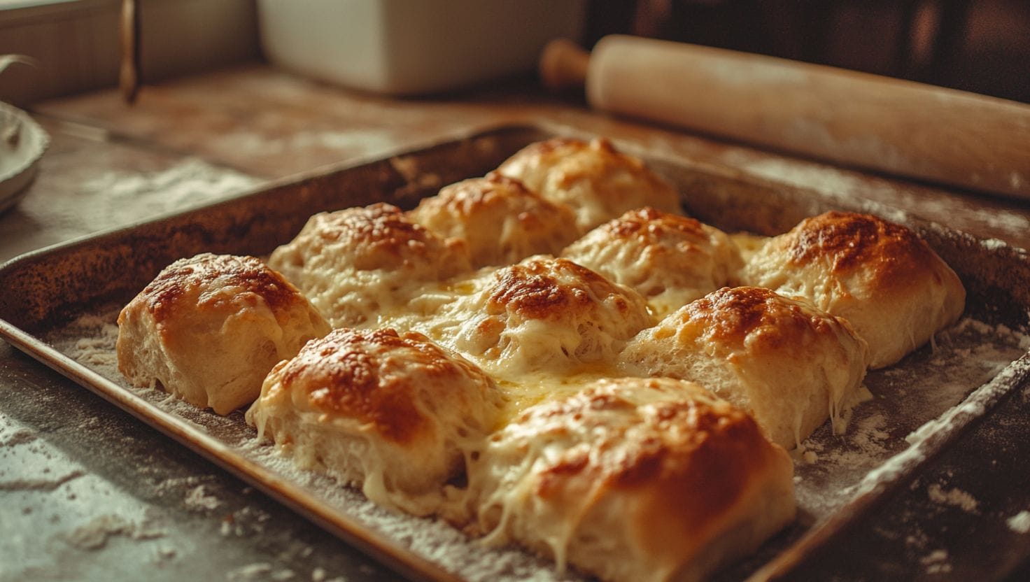 A close-up image of freshly baked golden pizza rolls for school lunch topped with melted cheese on a baking tray, surrounded by flour.