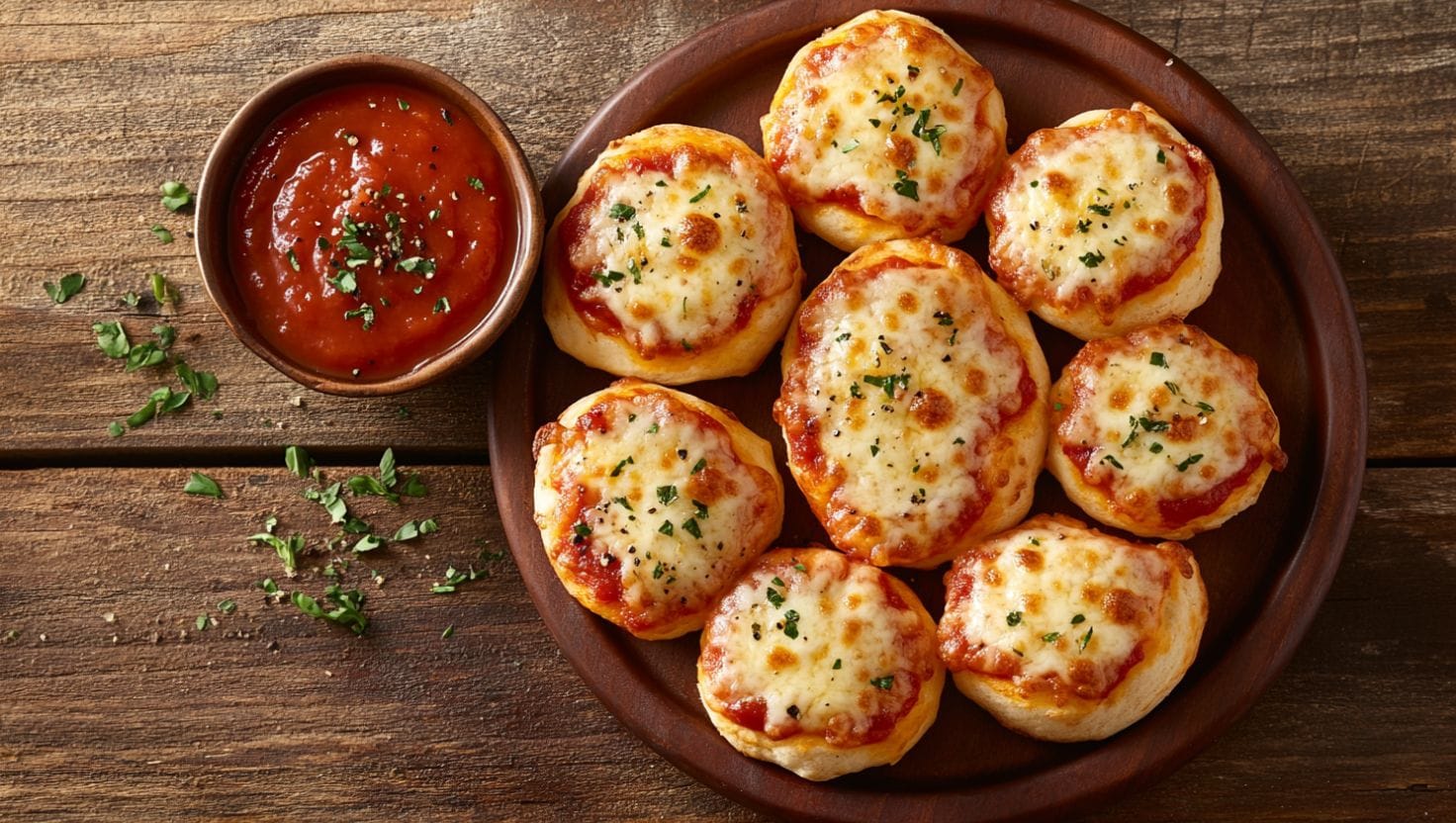 A plate of golden-brown pizza bites served with a bowl of marinara sauce on a wooden table.