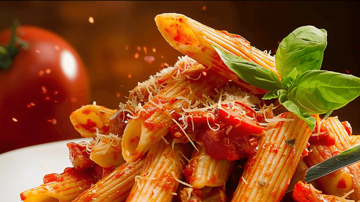 A plate of pasta coated with sauce, topped with fresh basil and Parmesan.