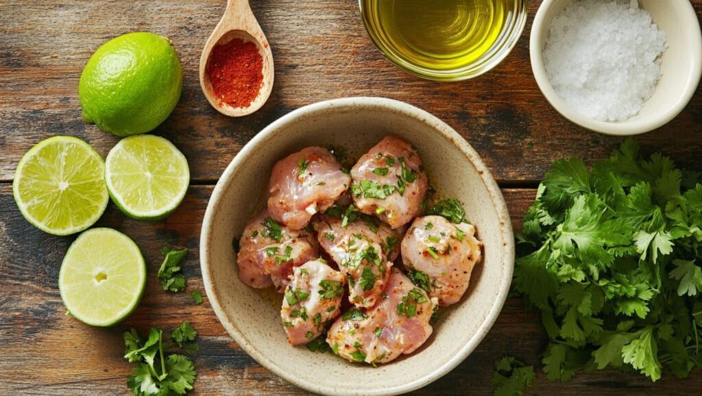 Mexican chicken marinade for grilling ingredients with lime, cilantro, and marinated chicken in a bowl.