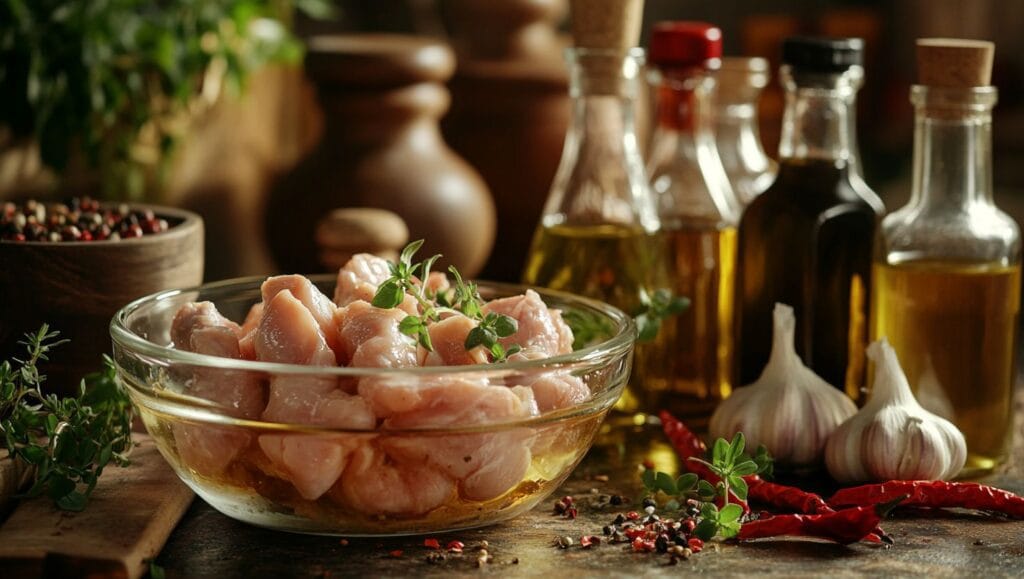 Raw chicken pieces marinating in a glass bowl with vinegar, herbs, garlic, and spices.