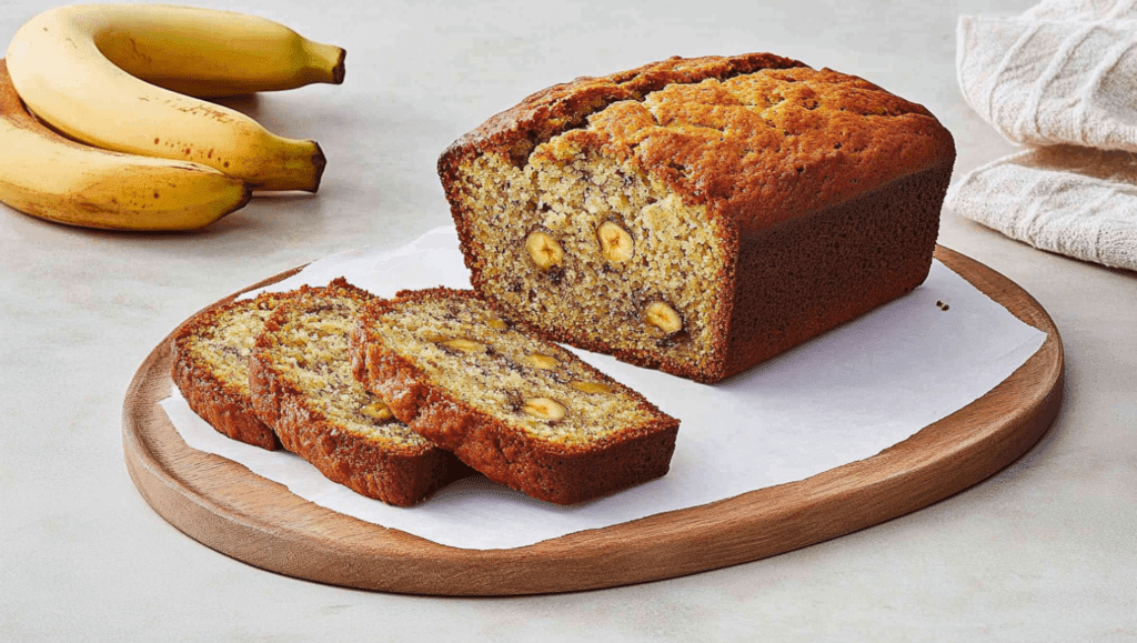 A loaf of rubbery banana bread sliced to reveal its dense texture.