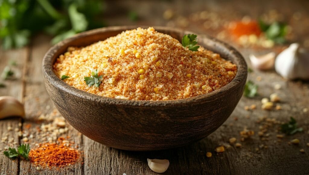 A wooden bowl filled with Hillbilly Fish Fry Seasoning on a rustic wooden table.