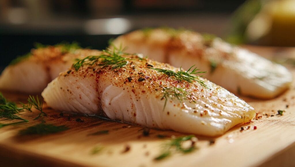 Close-up of raw fish fillets seasoned with fresh herbs and spices