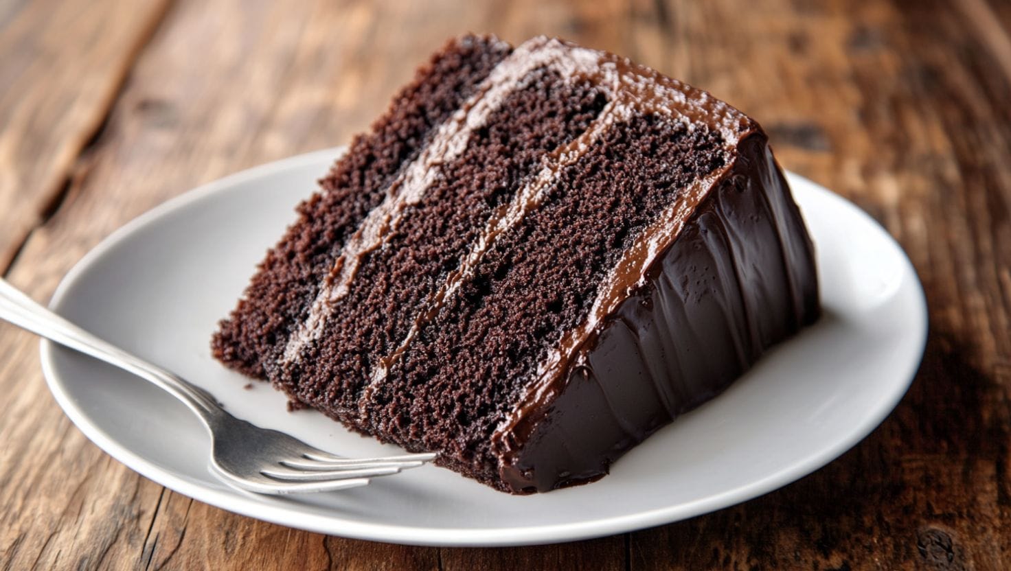 A rich slice of chocolate Depression Cake on a white plate