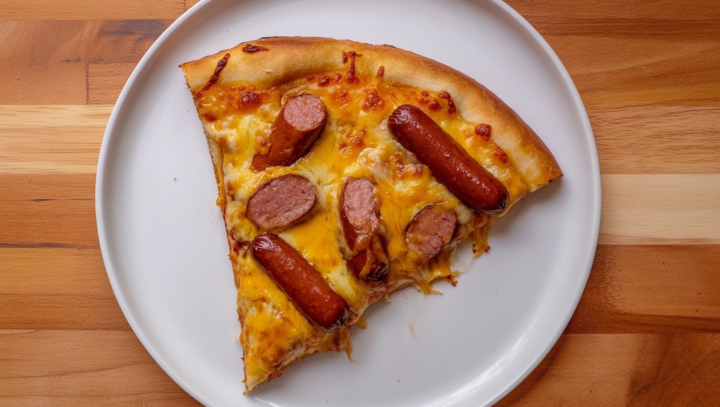 A single slice of hotdog pizza topped with sausages and melted cheese on a white plate.