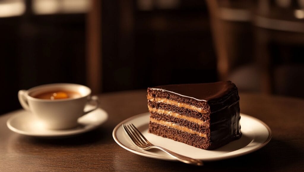 A slice of the world's most famous chocolate cake, the Sachertorte, with apricot jam and chocolate glaze.