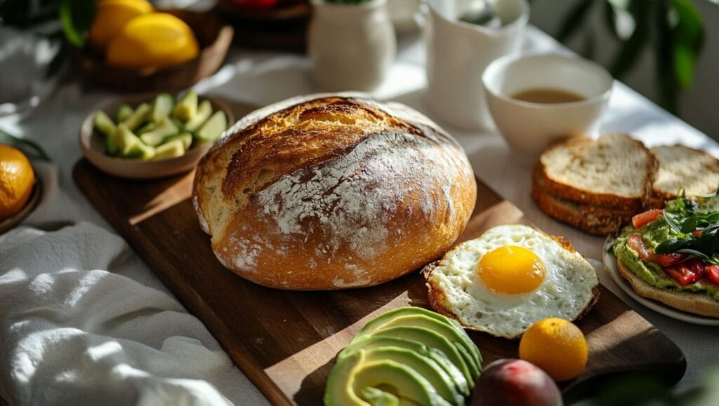 Fresh sourdough loaf with vibrant breakfast ingredients