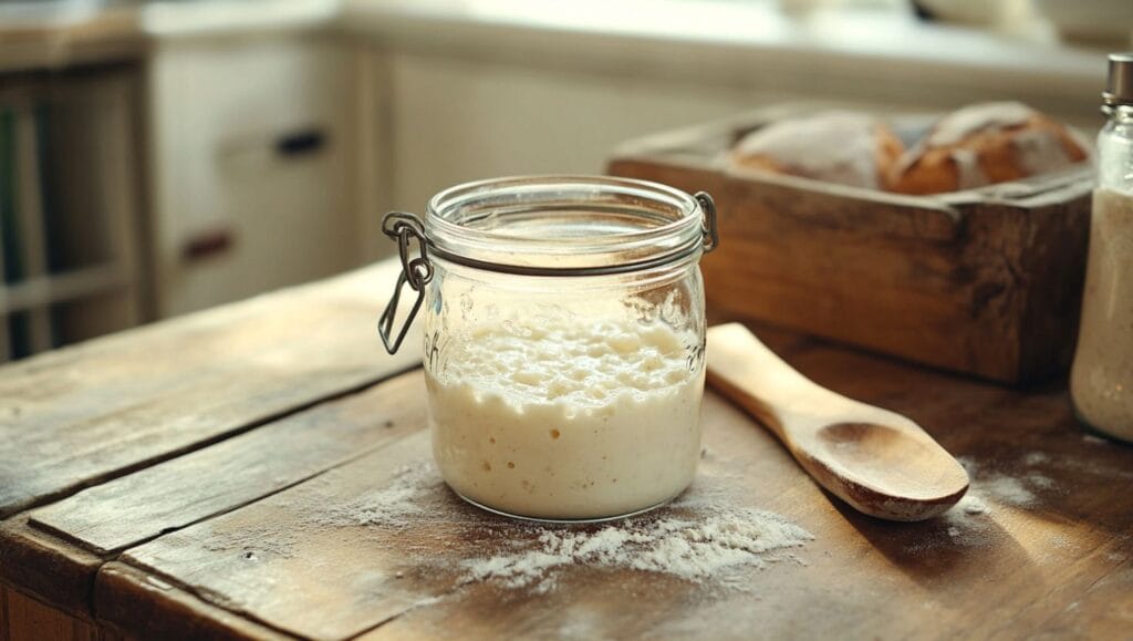 A jar of sourdough discard with visible bubbles sitting on a wooden table with a wooden spoon beside it.