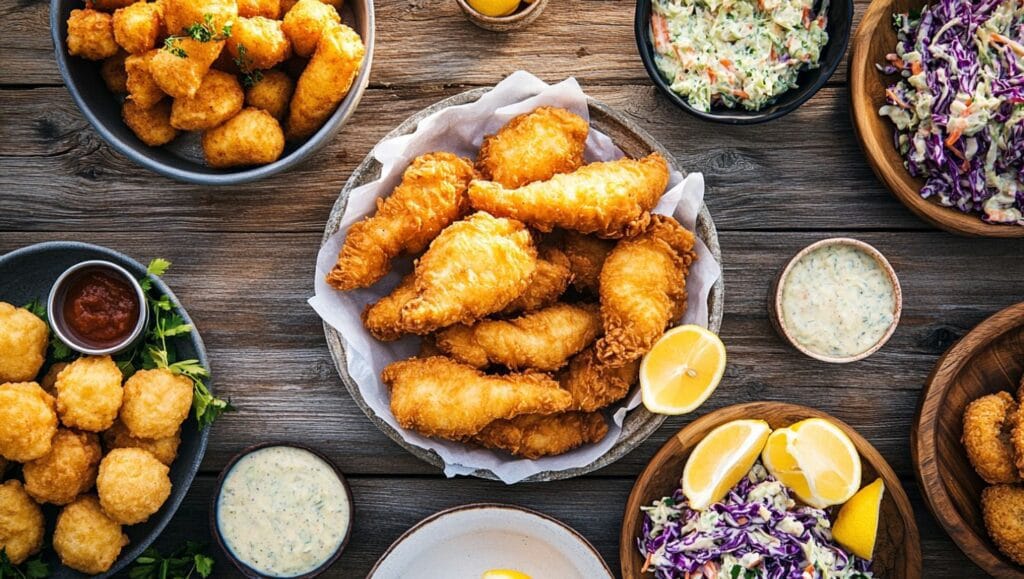 A rustic spread of Southern fish fry with golden fried fish, hush puppies, coleslaw, and dipping sauces.