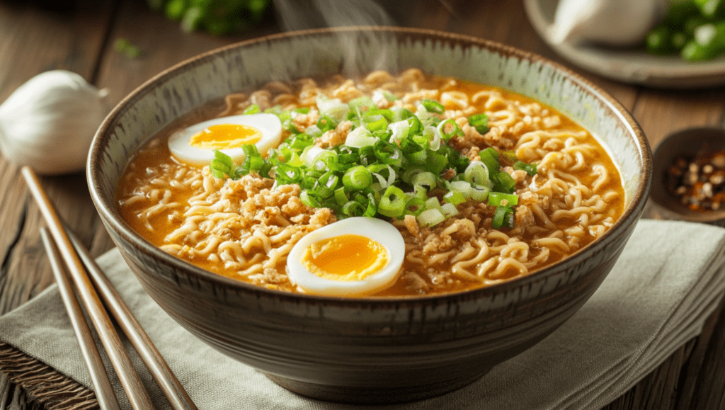 A bowl of curry ramen topped with green onions and halved soft-boiled eggs.