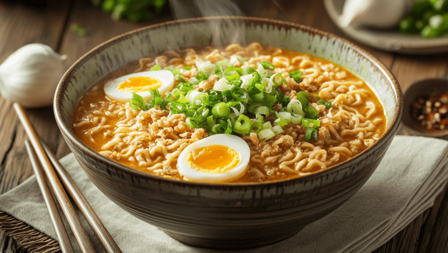 A bowl of curry ramen topped with green onions and halved soft-boiled eggs.