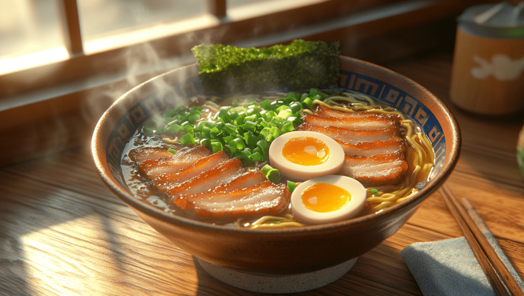 A steaming bowl of ramen with sliced pork belly, soft-boiled eggs, green onions, and seaweed in a traditional ceramic bowl.