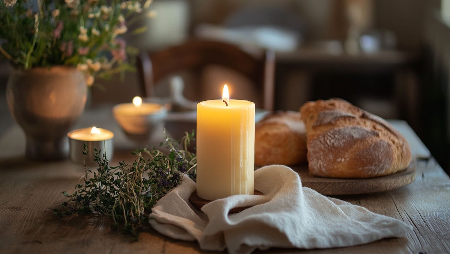 Stick of butter candle glowing on a rustic wooden table with bread and herbs