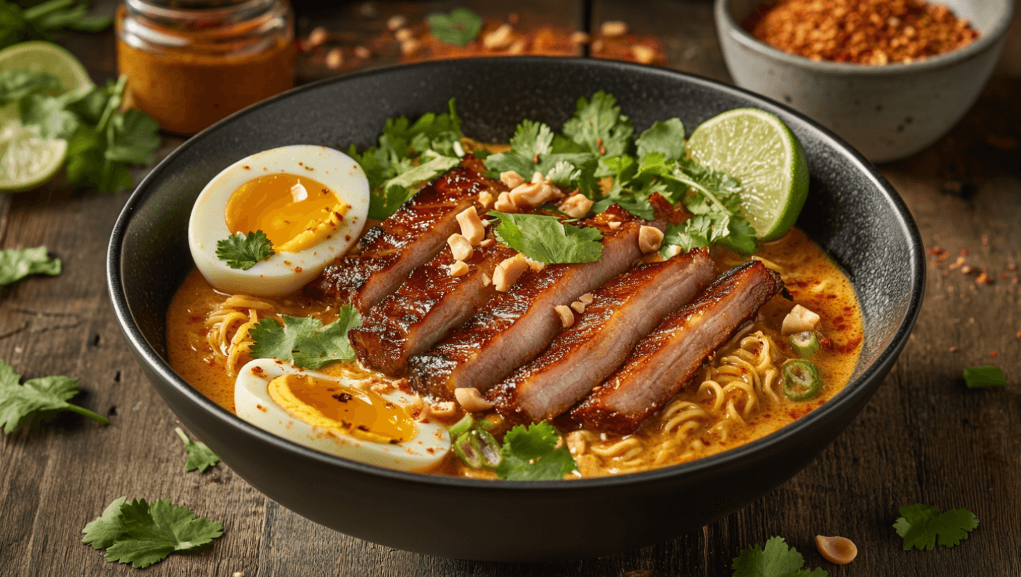 Close-up of Thai Curry Ramen with crispy pork belly slices, garnished with cilantro, lime, and soft-boiled eggs.