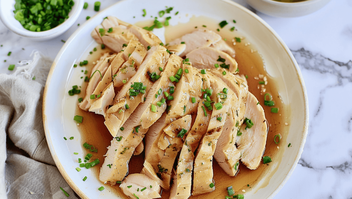 Sliced thin chicken breast topped with fresh herbs and sauce on a plate