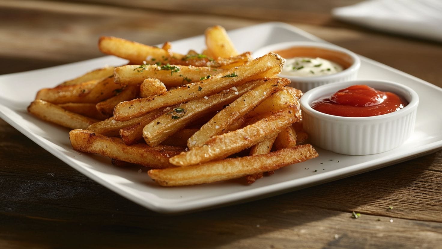 Onion French fries served with ketchup and garlic aioli on a white plate