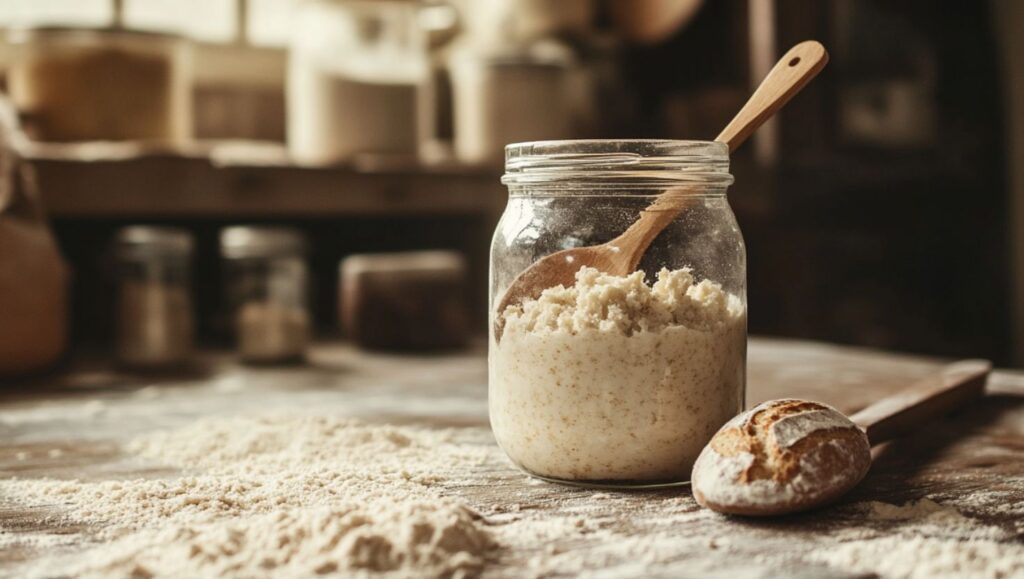 A jar of sourdough discard with a wooden spoon on a flour-dusted wooden countertop.