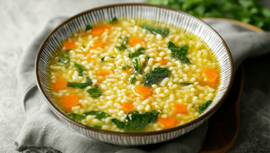 Bowl of soup with small pasta and vegetables