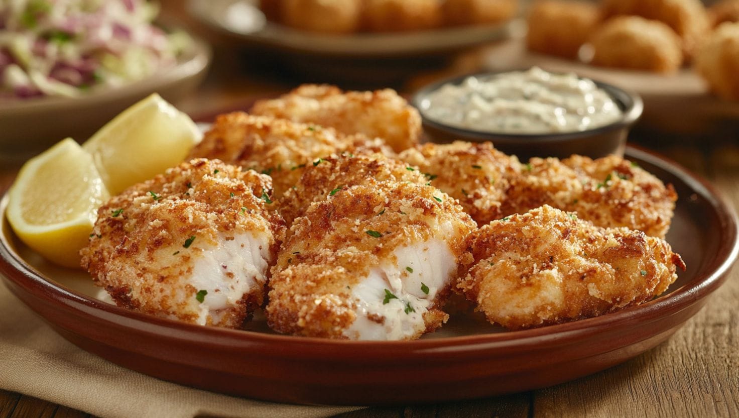 Crispy golden fish fillets prepared using Zatarain’s Fish Fry Recipe, served with lemon wedges and tartar sauce.