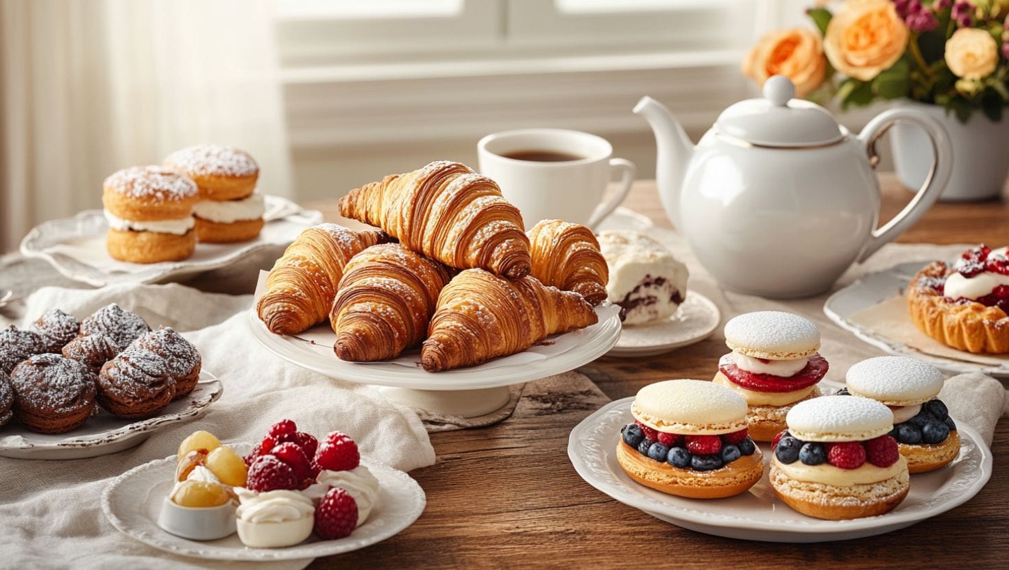 A collection of French pastry recipes featuring croissants, macarons, and fruit tarts on a rustic wooden table with tea and coffee.