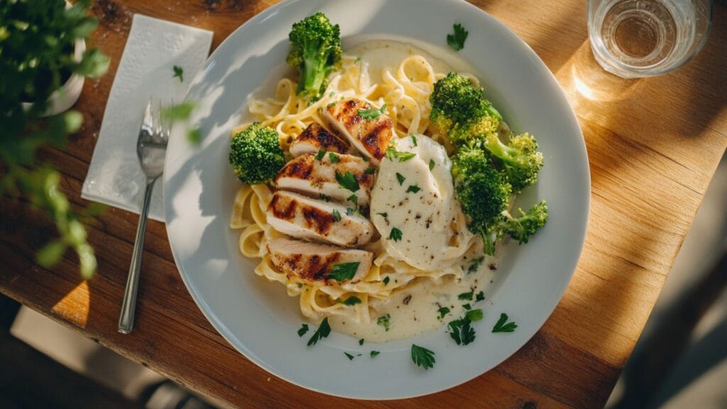 A plate of creamy Alfredo pasta topped with grilled chicken slices, broccoli, and parsley.