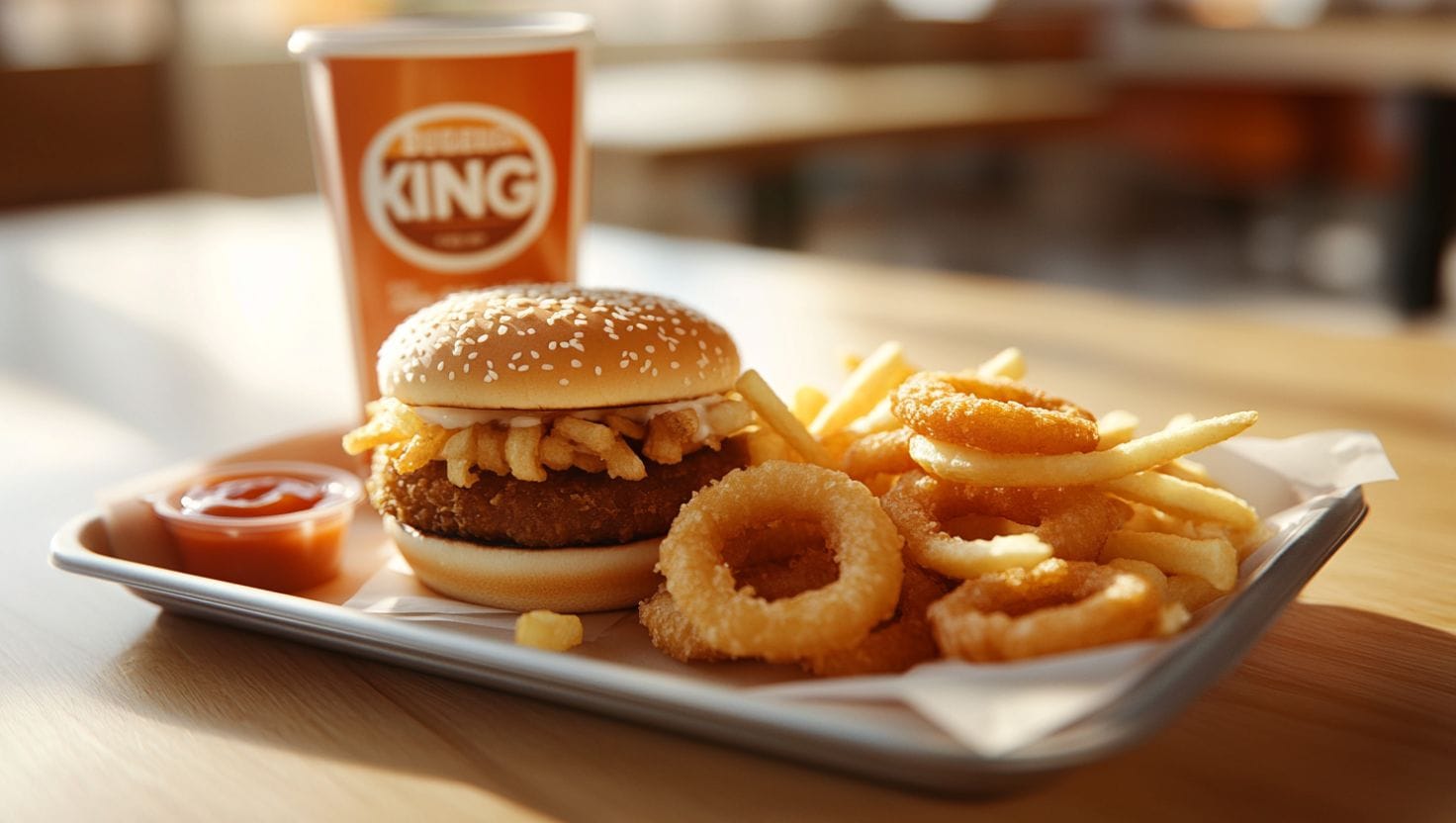 Burger King meal featuring onion rings, French fries, and a burger with a drink