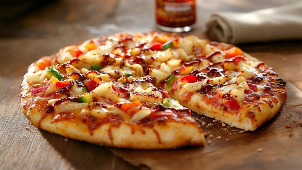 A freshly baked pizza topped with chilli crisp sauce, vegetables, and melted cheese