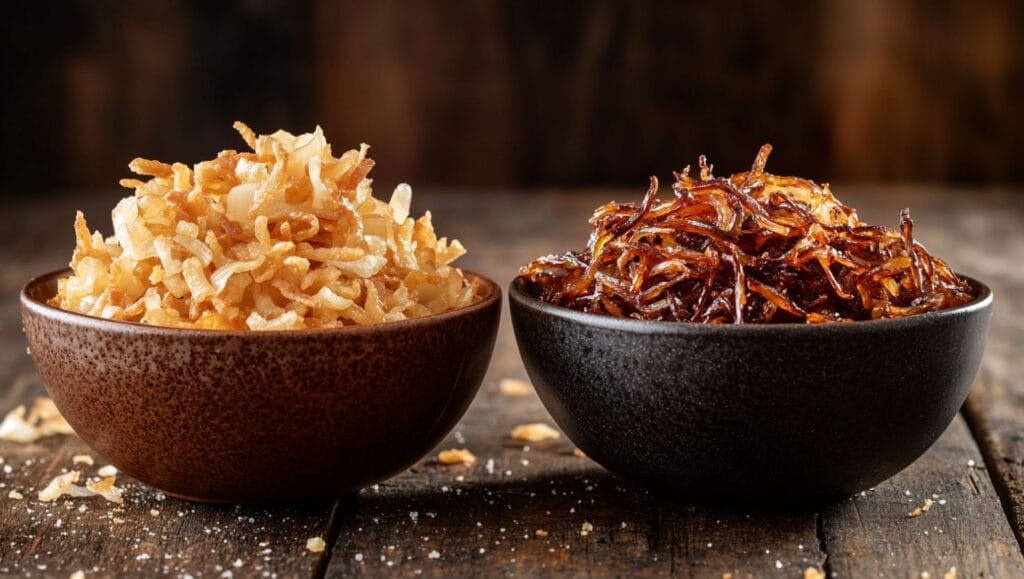 A side-by-side comparison of golden fried shallots and darker fried onions in rustic bowls on a wooden table.