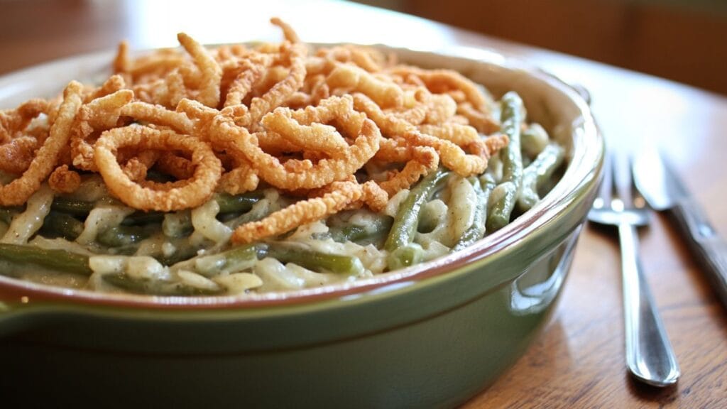 Green bean casserole topped with crispy French fried onions in a green dish.