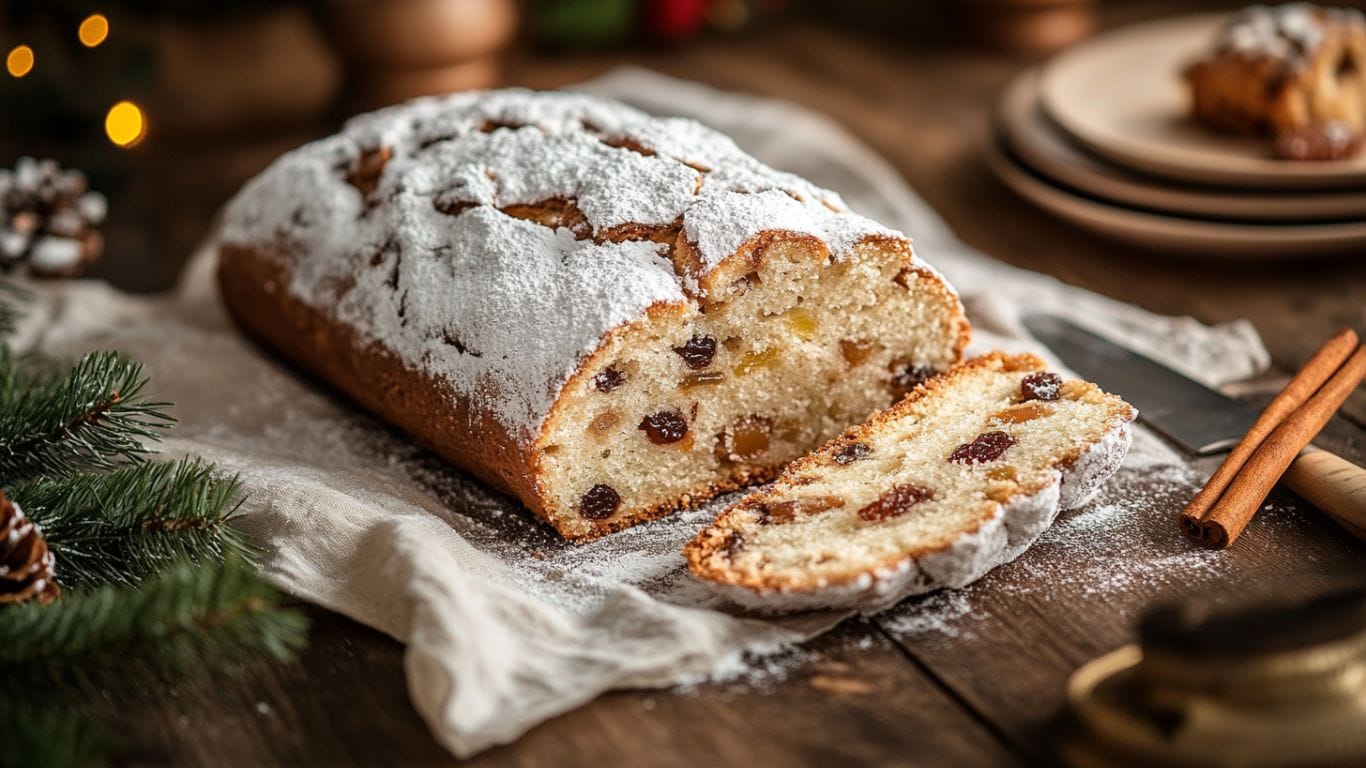 A freshly baked homemade stollen bread, dusted with powdered sugar, sliced to reveal a rich interior of candied fruits and almonds.