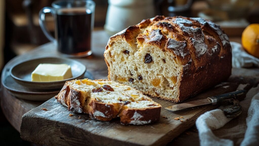 A loaf of North German Christmas Bread (Bremer Klaben) with raisins and candied citrus peels, sliced on a rustic wooden table.