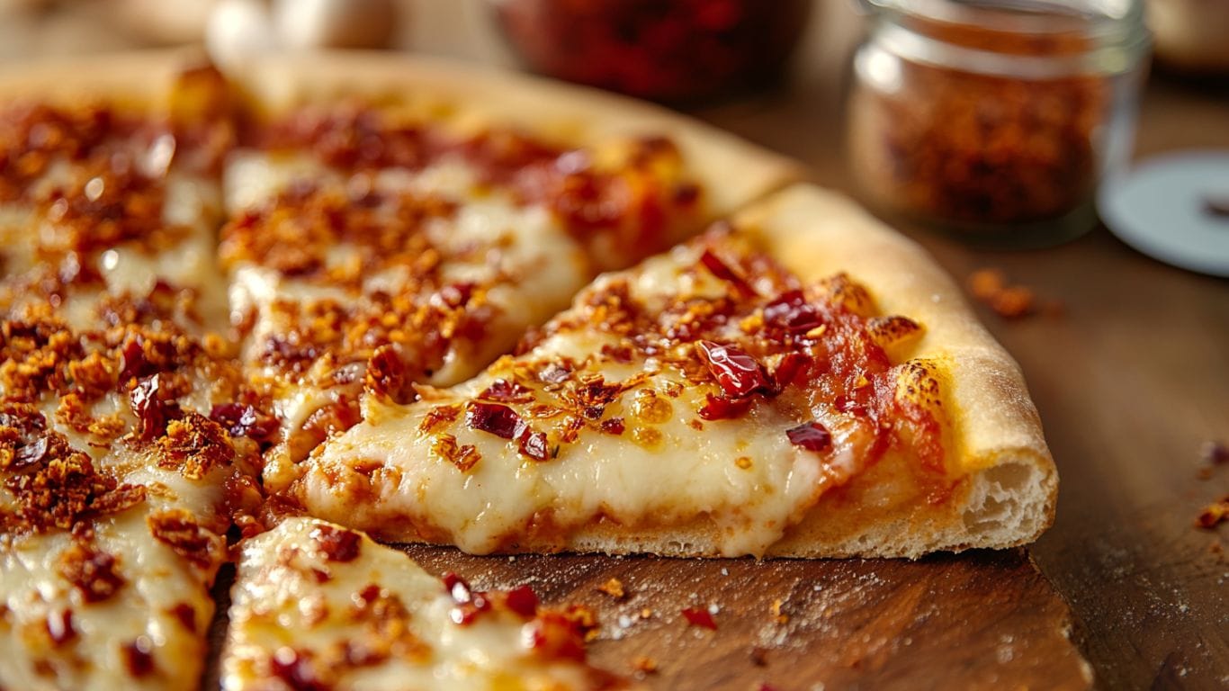 A slice of pizza topped with chili crunch, showcasing crispy garlic, chili flakes, and melted cheese.