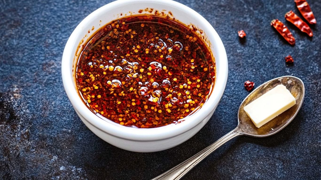 A bowl of chili crisp sauce placed next to a spoon with a small piece of butter, captured on a dark rustic background.