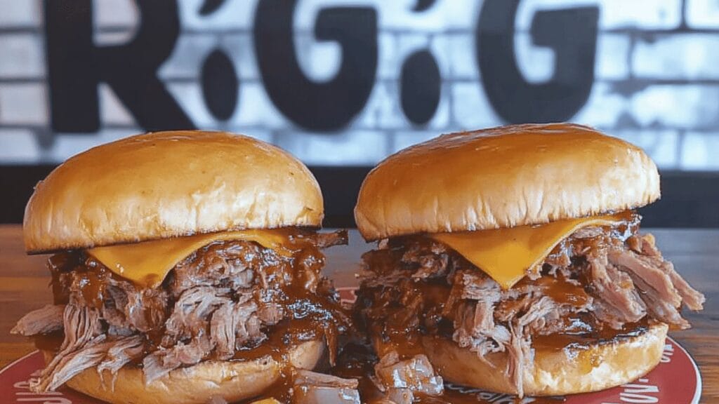 Two warm, sauce-drenched Beef Brisket Sandwich creations with melted cheese