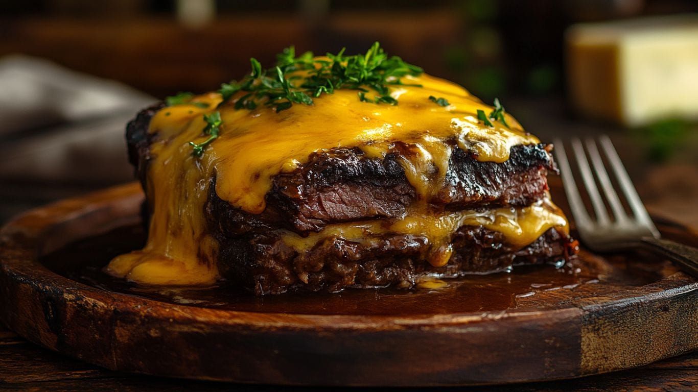 Juicy beef brisket topped with melted cheddar cheese on a rustic wooden plate.