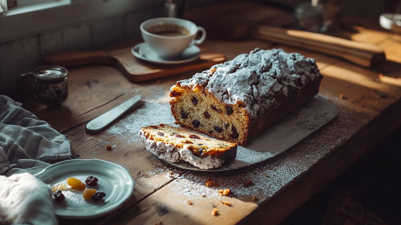 A sliced homemade German stollen loaf dusted with powdered sugar, resting on a wooden table with a plate of dried fruits and a cup of coffee in the background.